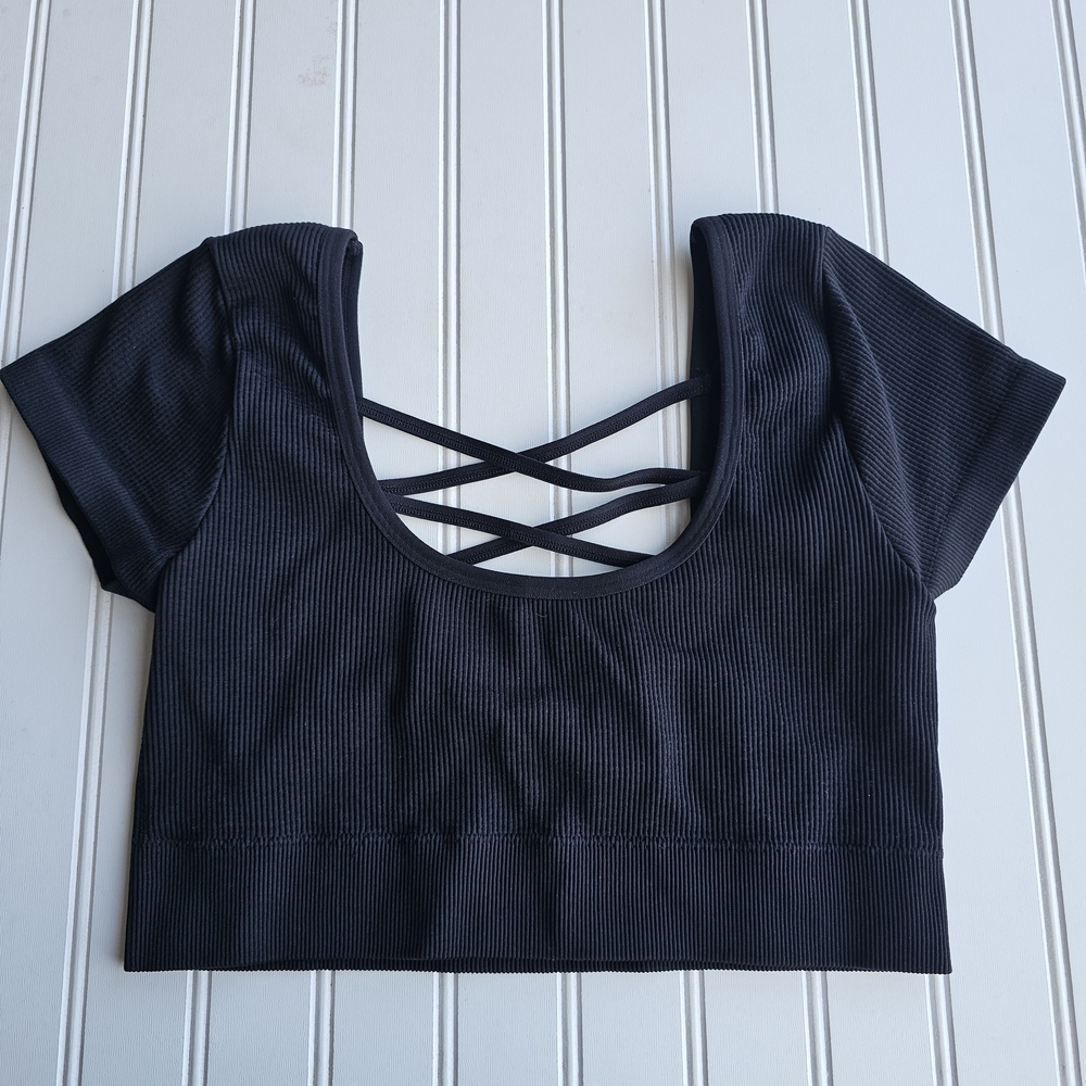 aerie Black Ribbed Crisscross Back Crop Top